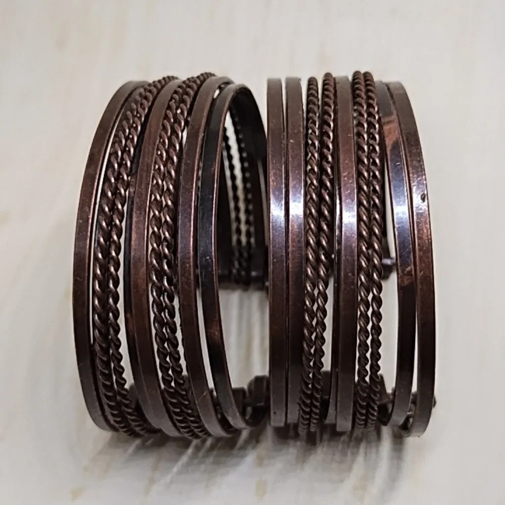 Set Of 2 Dark Brown Metal Layered Cuff Bracelets W 10 Layers Each